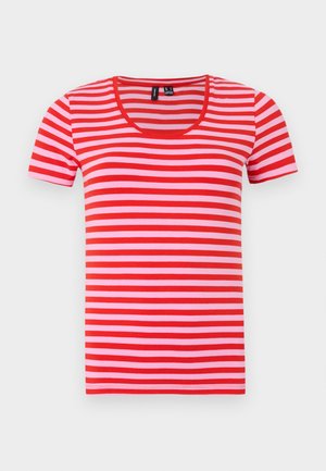 T-shirt listrado em vermelho e rosa, de mangas curtas, com decote arredondado, feito de tecido macio, apresentando listras horizontais espaçadas uniformemente.