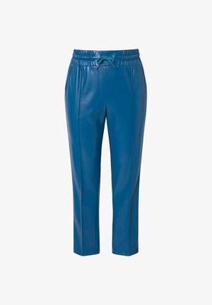 Pantalons en simili cuir bleu avec une taille élastique à cordon, coupe fuselée et détails sur les coutures latérales. Texture lisse et design élégant.