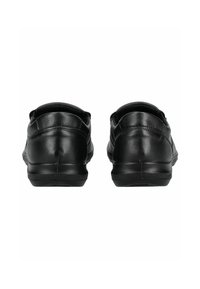 Black leather shoes with a smooth texture, rounded back, and a flat rubber sole, featuring minimal stitching and no embellishments.