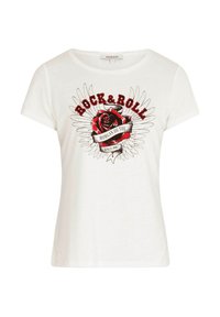 T-shirt bianco in cotone con la scritta "ROCK & ROLL" in rosso, una grafica di rosa e dettagli di ali, collo rotondo, maniche corte.
