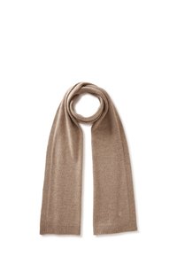 Bufanda de punto color marrón claro, de forma rectangular, con extremos acanalados. Textura suave, color uniforme y sin patrones ni acentos visibles.