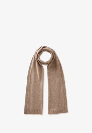 Bufanda de punto color marrón claro, de forma rectangular, con extremos acanalados. Textura suave, color uniforme y sin patrones ni acentos visibles.