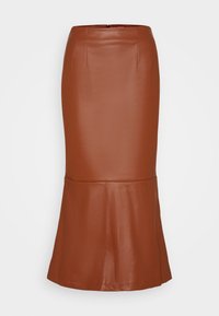 Jupe midi en simili cuir marron avec une silhouette ajustée, un ourlet évasé et des coutures visibles. Texture lisse et fermeture éclair à l'arrière.
