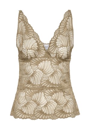 Beige kant camisole-top met een v-hals, voorzien van gegolfde randen en een bloempatroon. Zachte textuur met verfijnde details.