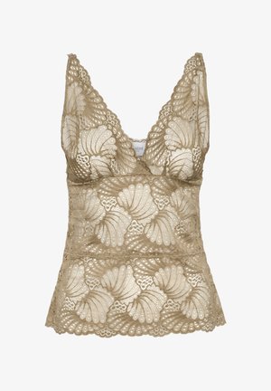 Lace camisole top in beige with a v-neck, featuring scalloped edges and a floral pattern. Soft texture with intricate detailing.
