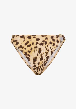 Braguita de bikini con estampado de leopardo en tonos beige y marrón. Presenta una textura suave, cobertura mínima y un detalle de anillo en tono dorado en el lateral.