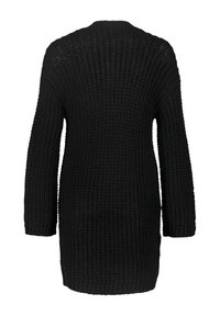 Schwarzer, langärmeliger Strickpullover mit strukturiertem Rippenmuster, offenes Rückenteil und lässiger Schnitt, der bis zur Mitte des Oberschenkels reicht.
