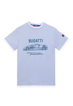 T-shirt azzurro chiaro a maniche corte con bordatura bianca, con schizzo di un'auto sportiva Bugatti e le parole "BUGATTI" e "Tourbillon" sul davanti.