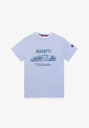 T-shirt azzurro chiaro a maniche corte con bordatura bianca, con schizzo di un'auto sportiva Bugatti e le parole "BUGATTI" e "Tourbillon" sul davanti.