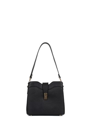Sac à bandoulière en cuir noir avec une bandoulière unique, une fermeture dorée et un bord supérieur lisse et incurvé, présenté sur fond blanc.
