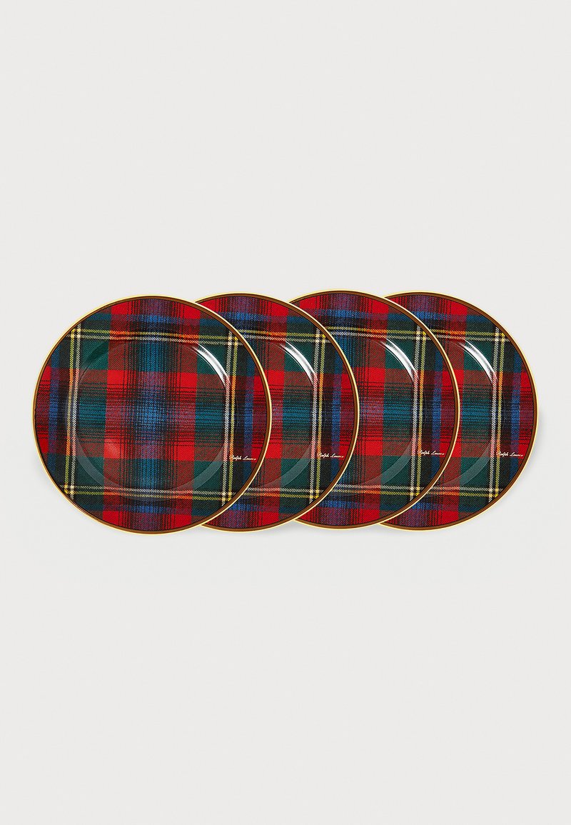Set od četiri okrugle keramičke tanjure s redom i zelenim tartan uzorkom i zlatnim rubnim akcentima. Glatka sjajna završna obrada.