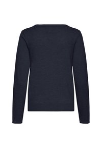 Pull bleu marine à manches longues en mélange de coton doux. Il présente un col rond classique, des poignets et un ourlet côtelés avec une texture lisse.