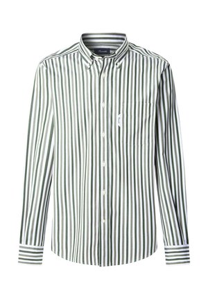Groen-wit gestreepte lange mouw shirt met een button-down kraag, een enkele borstzak en een contrasterend streep patroon op de manchetten.