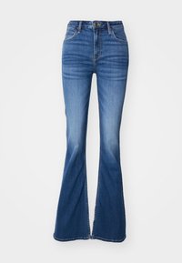 Jeans flare blu in denim con leggera scoloritura, vita alta, cinque tasche e chiusura con bottone. Presentano una leggera elasticità per il comfort.