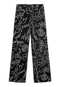 Pantalons larges noirs avec un motif floral et en spirale blanc, fabriqués en un tissu lisse avec une taille structurée et une fermeture à bouton.
