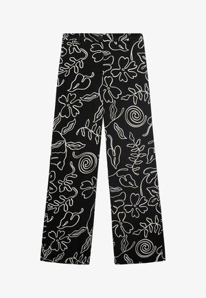 Czarne szerokie spodnie z biało-kwiatowym i spiralnym wzorem, wykonane z gładkiego materiału, z usztywnioną talią i zapięciem na guzik.