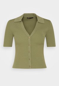 Oliwkowy, prążkowany kardigan z krótkim rękawem i dekoltem w kształcie litery V, z klasycznym kołnierzykiem oraz sześcioma guzikami z przodu z złotymi akcentami.