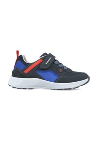 Zapatilla con un upper en un azul marino oscuro, paneles de malla azul y acentos rojos. Cuenta con una suela blanca, cordones grises y una cinta de Velcro para el cierre.