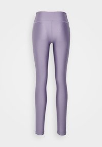 Purple leggings with a smooth, stretchy texture, high waistband, and fitted design, featuring no visible patterns or hardware details.