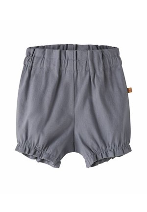 Pantalones cortos grises para niños pequeños con cintura elástica, dobladillos fruncidos y una pequeña etiqueta marrón en el lateral.