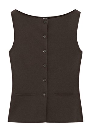 Ärmellose dunkelbraune Strickweste mit sechs vorderen Knöpfen und zwei horizontalen Schlitztaschen nahe dem Saum.
