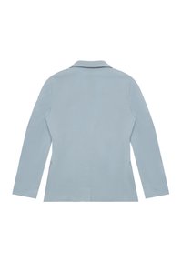 Blazer azzurro chiaro con design sartoriale, maniche lunghe, colletto a rever e due tasche anteriori, realizzato in tessuto liscio.