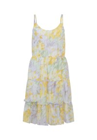 Robe d'été sans manches avec fines bretelles, jupe à volants, motif floral jaune, blanc et vert sur tissu léger.
