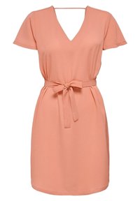 Persikofärgad klänning med V-ringning, korta ärmar och ett knytbälte i midjan. Tillverkad av texturerad tyg med en avslappnad siluett.