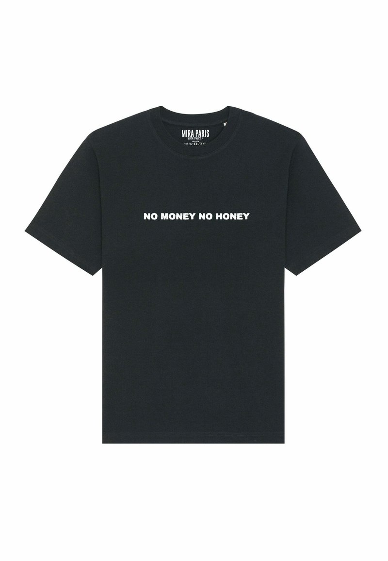 T-shirt en coton noir à manches courtes et col rond, avec le texte "PAS D'ARGENT PAS DE MIEL" en lettres blanches en gras sur le devant.