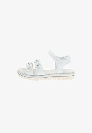Sandalo bianco piatto con tre cinturini regolabili decorati con fiori e suola imbottita, ideato per un uso casual e confortevole.