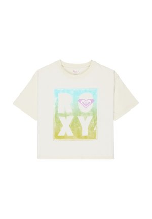Krótki rękaw, kremowa koszulka z bawełny z kolorową grafiką przedstawiającą napis "ROXY" oraz logo serca w odcieniach niebieskiego i fioletowego.