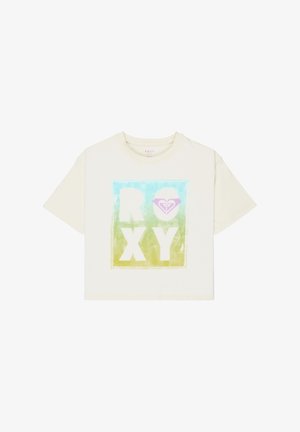 Krótki rękaw, kremowa koszulka z bawełny z kolorową grafiką przedstawiającą napis "ROXY" oraz logo serca w odcieniach niebieskiego i fioletowego.