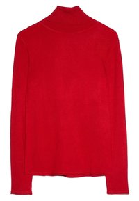 Pull à col roulé rouge à manches longues fabriqué en tricot doux, avec un col haut et une coupe slim, sans embellissements ni motifs.
