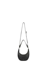 Schwarze, halbmondförmige Leder-Umhängetasche mit verstellbarem Riemen und kleinem, geprägtem Markennamen in der Mitte vorne.