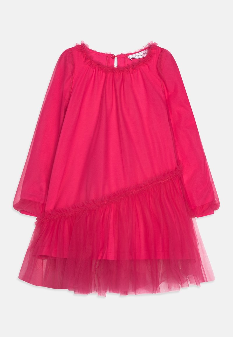 Robe fille rose vif à manches longues avec un col à volants et une jupe en tulle superposée en diagonale.