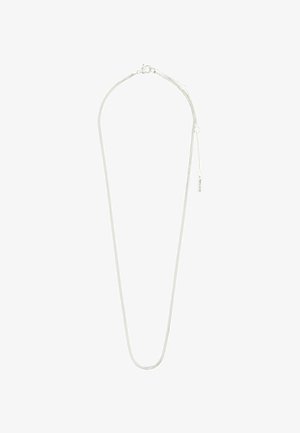 Sidabrinės spalvos kaklo papuošalas su lygiu, lanksčiu grandinėlės dizainu. Turi krabų užsegimą ir reguliuojamą ilgį su plona grandinėle prailginimu.