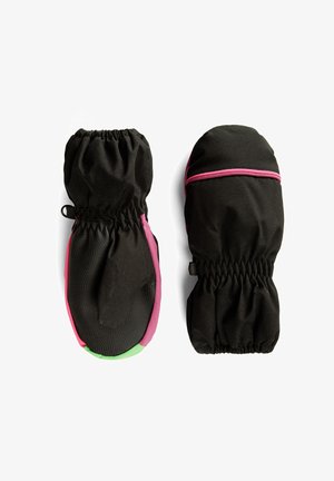 Fekete kesztyű, rugalmas mandzsettával, rózsaszín és zöld díszítéssel. A texturált tenyér biztosítja a tapadást. Melegség és védelem érdekében készült.