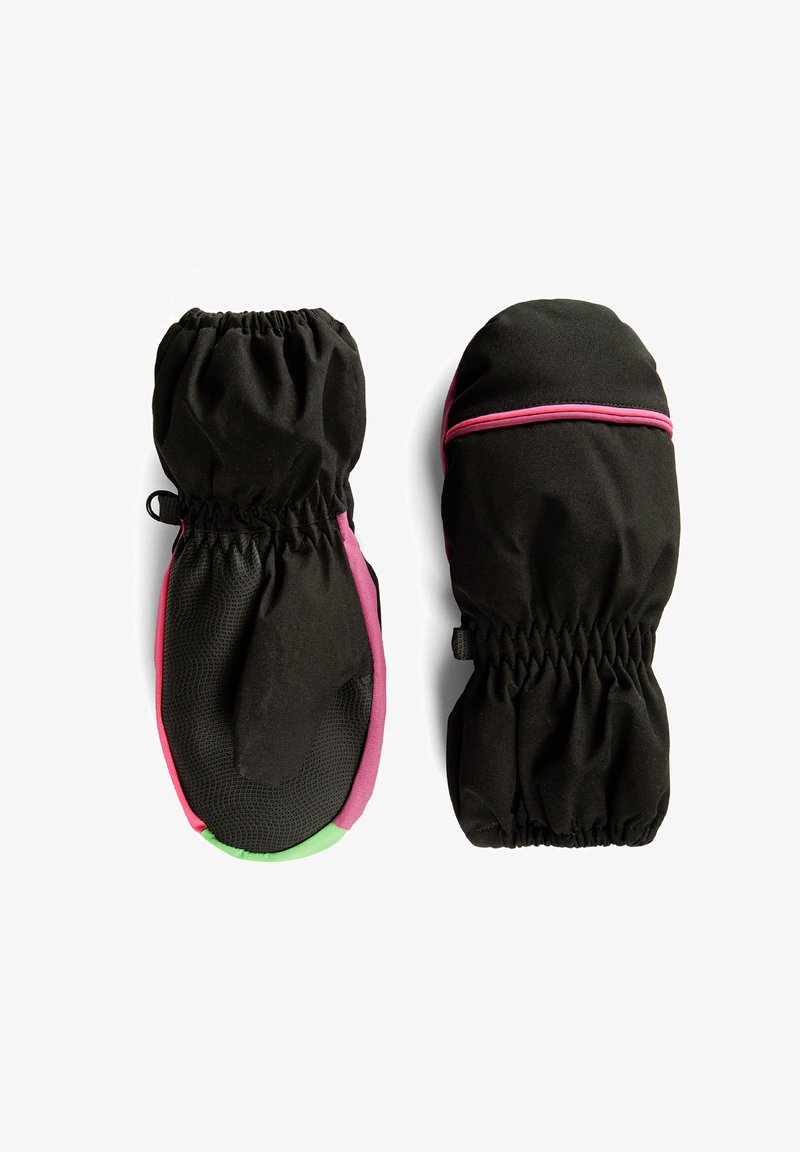 Črne rokavice z elastičnimi manšeti, okrašene z rožnatimi in zelenimi detajli. Teksturirane dlanice zagotavljajo oprijem. Oblikovane za toploto in zaščito.
