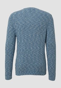 Blauer Strickpullover mit strukturiertem Muster, langen Ärmeln und gerippten Bündchen. Die Rückseite hat einen normalen Ausschnitt und ist nahtlos.