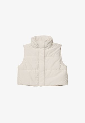 Pufasta jakna v svetlem kremu z visokim ovratnikom, brezrokavnim dizajnom, kviltano teksturo in sprednjim zapiranjem na naprstnik. Gladka površina tkanine.