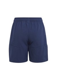 Navy blue shorts with an elastic waistband. Lightweight fabric, minimal stitching details, and a relaxed fit design.