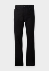 Black straight-leg jeans made from denim, featuring a front button closure, two side pockets, and a smooth texture.