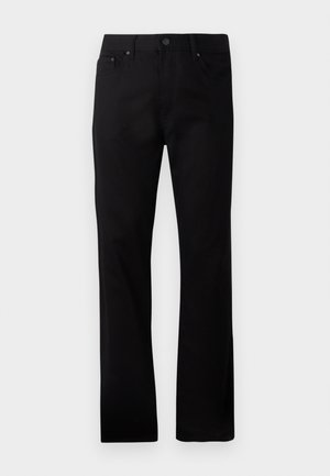 Jeans negros de pierna recta hechos de denim, con cierre de botón en la parte delantera, dos bolsillos laterales y una textura suave.