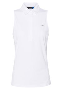 Vit ärmlös polo shirt i slät tyg, med krage och liten broderad logotyp på vänster bröst.