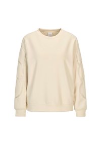 Cremefarbenes Langarm-Sweatshirt mit Rundhalsausschnitt und gestickten runden Mustern an beiden Ärmeln, auf einem weißen Hintergrund präsentiert.