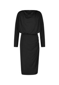 Zwart jurkje met lange mouwen, een gekruiste halslijn en een getailleerde taille met draperingen. Gemaakt van een gladde, lichte stof.