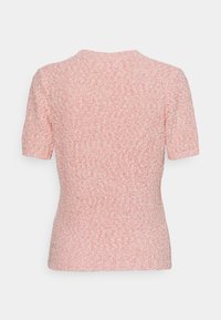 Rosa kurzärmliges Strickoberteil aus strukturiertem Stoff, runder Ausschnitt und figurbetonter Silhouette, mit einem dezenten Mix aus hellen und dunkleren Rosatönen.