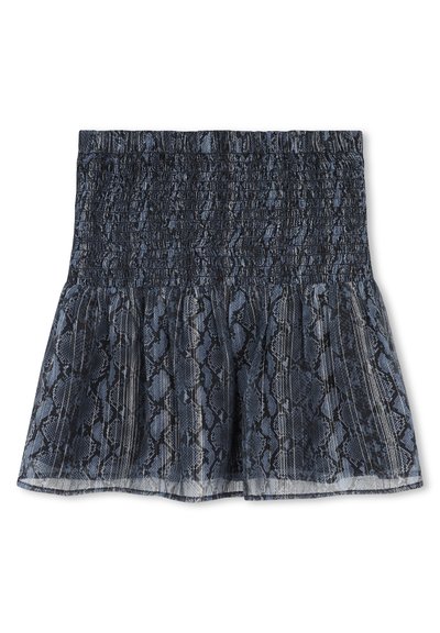 Mini-jupe smockée en bleu foncé avec un motif serpent, présentant un ourlet évasé et un tissu texturé pour un intérêt visuel supplémentaire.
