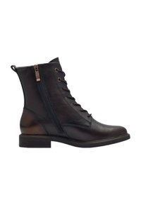 Bottes chelsea en cuir noir à lacets, avec une fermeture éclair sur le côté et un talon empilé. Présentant une texture lisse et des accents contrastants.