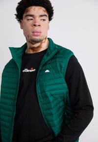 Chaleco acolchado verde con textura de rombos horizontales, cierre frontal con cremallera y cuello alto. Lleva puesto un sudadero negro con texto blanco.